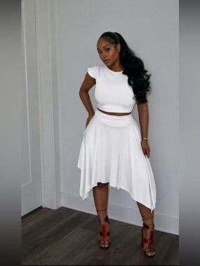 White Asymmetric Midi Skirt Set